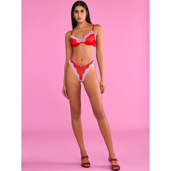 VICTORIA'S SECRET Tease Mesh Red Lavender Lace Trim High Leg Thong  Size M NEW N - Picture 1 of 3